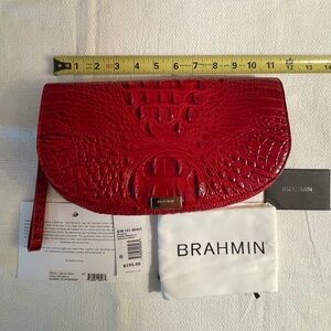 Brahmin "Sandrine" Melbourne Leather Scarlet Red Clutch w/Wristlet Option. New.